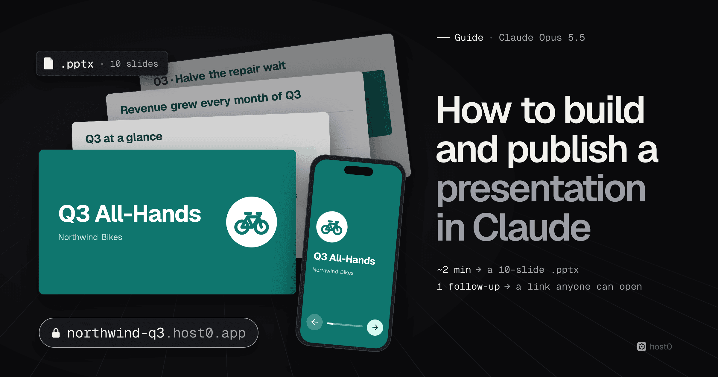 A Northwind Bikes slide deck: a teal “Q3 All-Hands” title slide with a bike icon in a white circle in front of three more slides, “Q3 at a glance”, “Revenue grew every month of Q3” and “03 · Halve the repair wait”, a “.pptx · 10 slides” file label, a phone showing the same deck with back and forward arrows, and a link pill reading northwind-q3.host0.app. On the right, the title “How to build and publish a presentation in Claude” with “~2 min → a 10-slide .pptx” and “1 follow-up → a link anyone can open”.