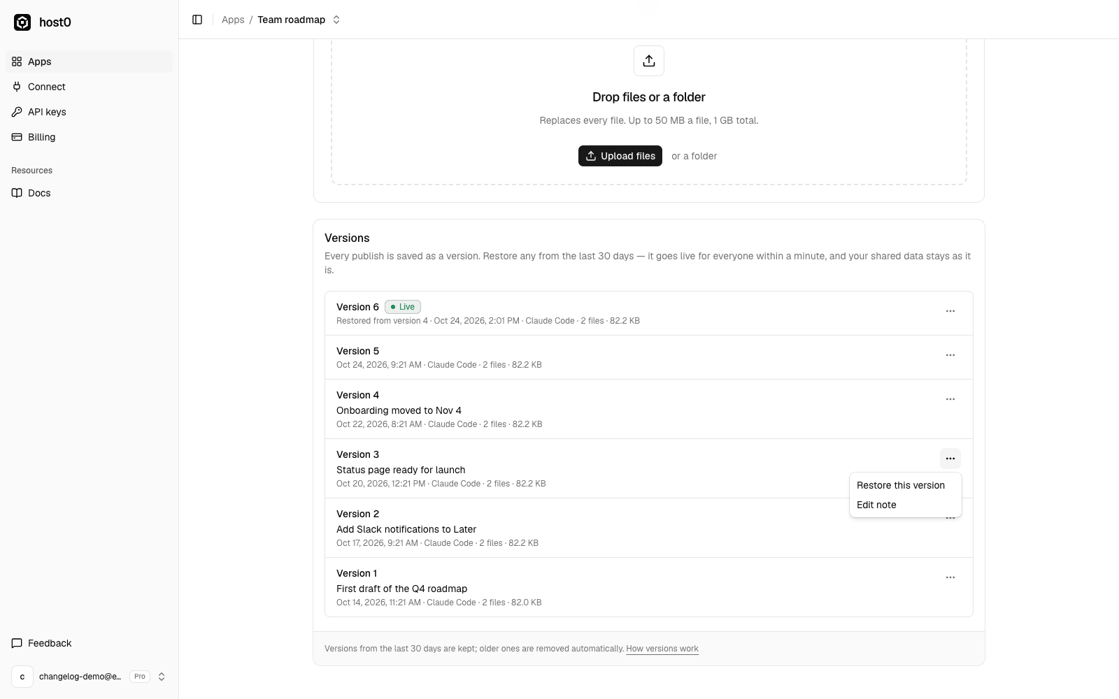 The Versions tab of Team roadmap listing versions 1 to 6 with notes like “Status page ready for launch”; version 6 is live and restored from version 4, and the menu on version 3 shows Restore this version and Edit note.