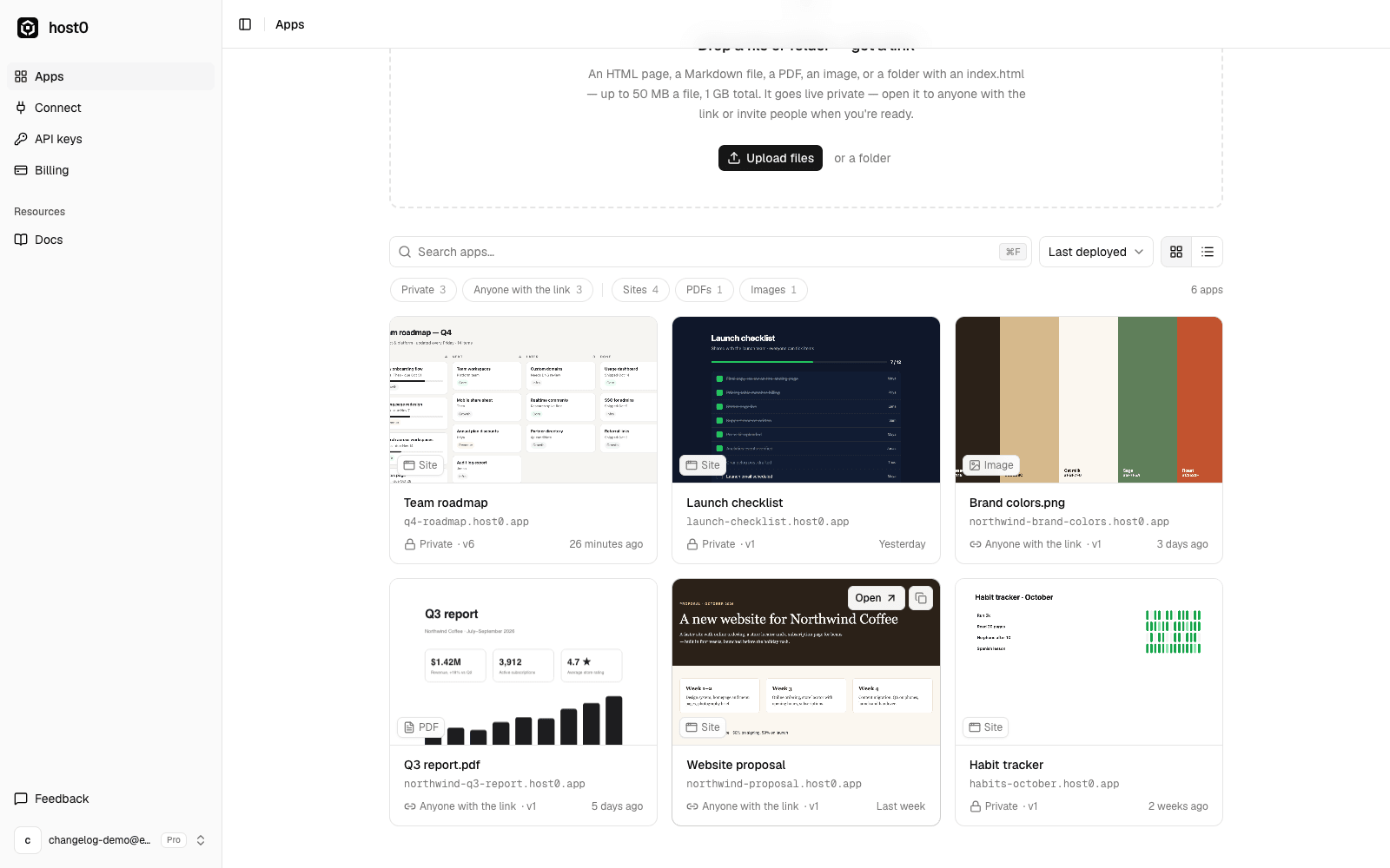 The host0 dashboard in grid view: a search box, sort and view switches, filter chips for Private, Anyone with the link, Sites, PDFs and Images, and six app cards with previews.