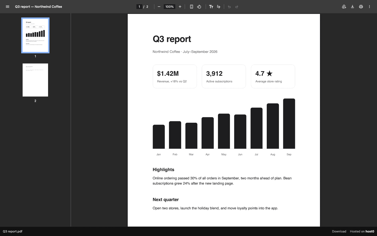 A two-page PDF called Q3 report open in the browser from a host0 link, with a slim dark bar along the bottom showing “Q3 report.pdf”, Download and “Hosted on host0”.