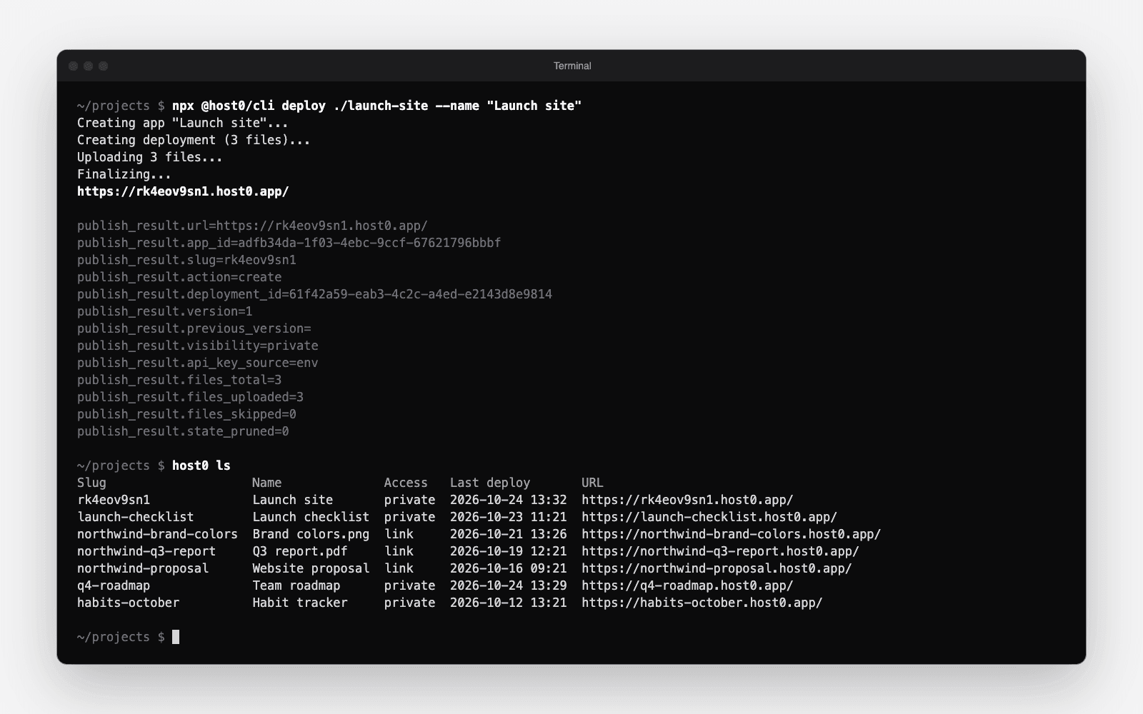 A terminal running npx @host0/cli deploy ./launch-site, which prints the live URL and publish_result lines, then host0 ls listing seven apps with their access and URLs.