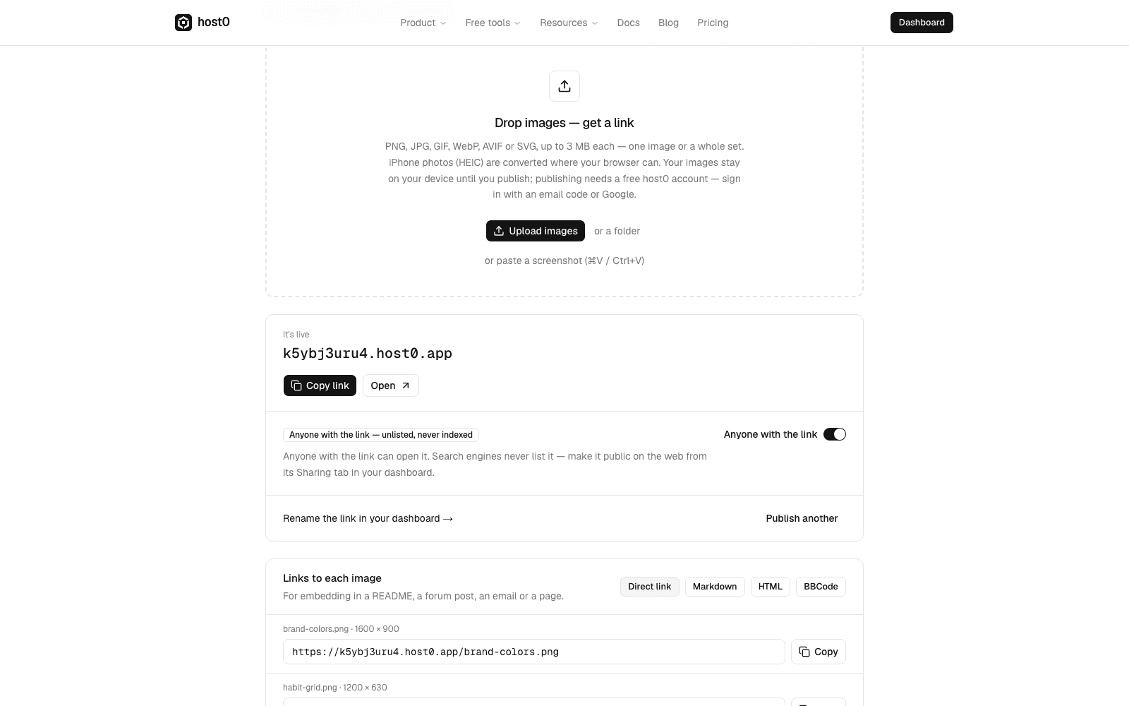 The image to link tool after publishing five images: a live host0 link with Copy link and Open, an Anyone with the link switch, and a list of direct links to each image with Markdown, HTML and BBCode tabs.