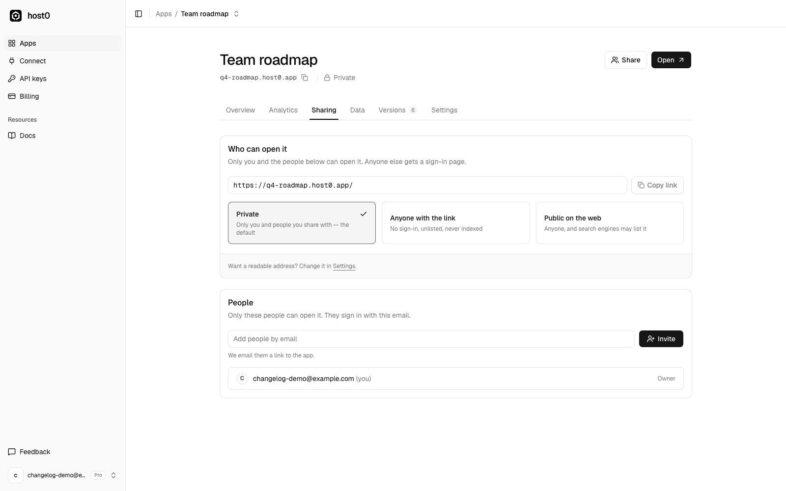 The Sharing tab of an app with three choices: Private, the default and selected; Anyone with the link, no sign-in, unlisted and never indexed; and Public on the web. Below, a field to invite people by email.