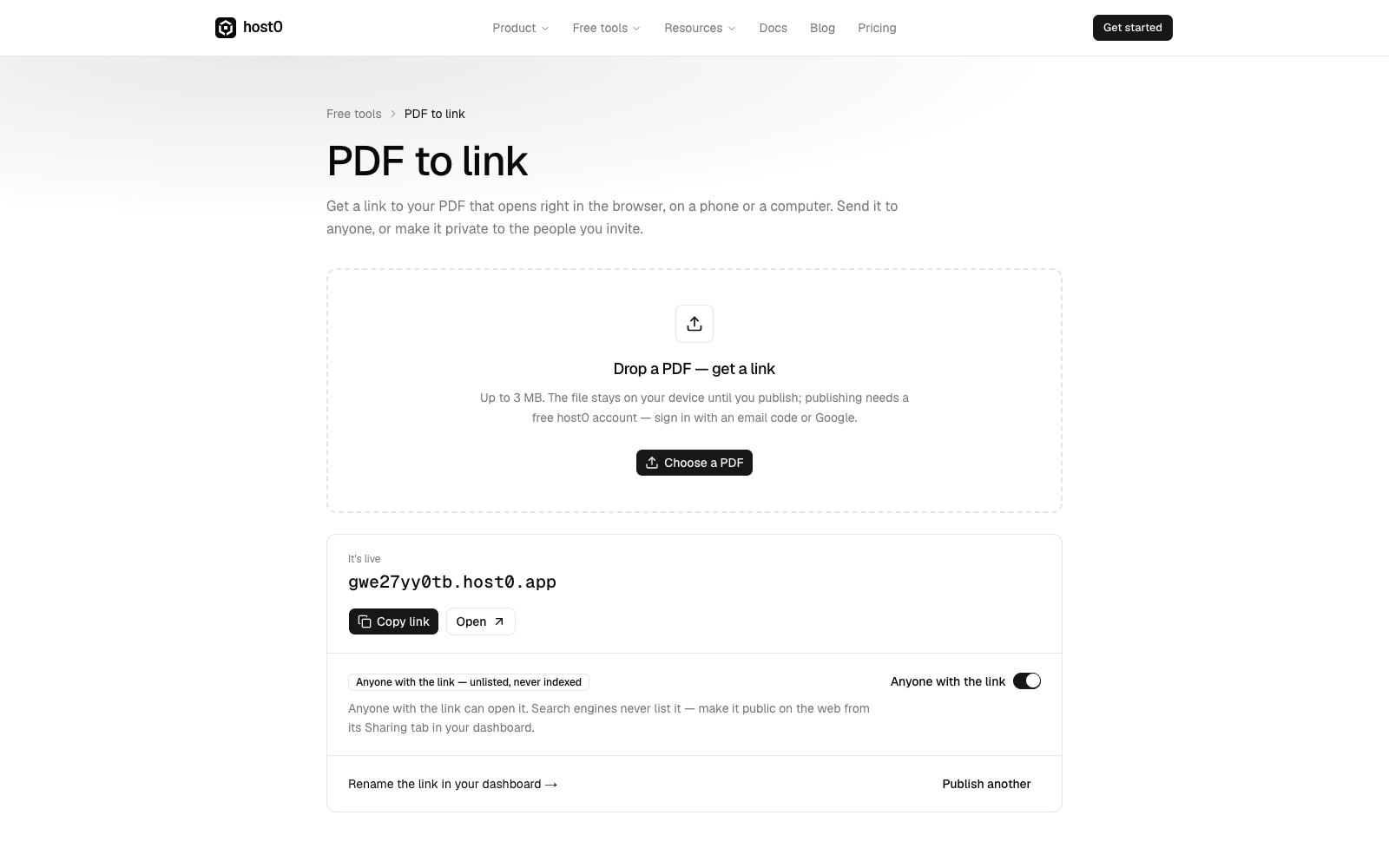The PDF to link tool after a publish: “It's live” with a host0.app link, Copy link and Open buttons, and an Anyone with the link switch turned on.