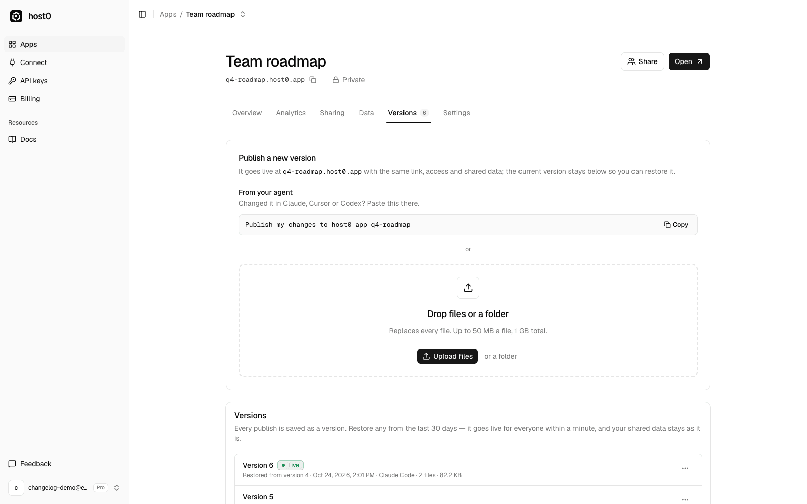 The Versions tab of an app called Team roadmap, with a Publish a new version card that shows the prompt “Publish my changes to host0 app q4-roadmap” and a Copy button above a drop zone.