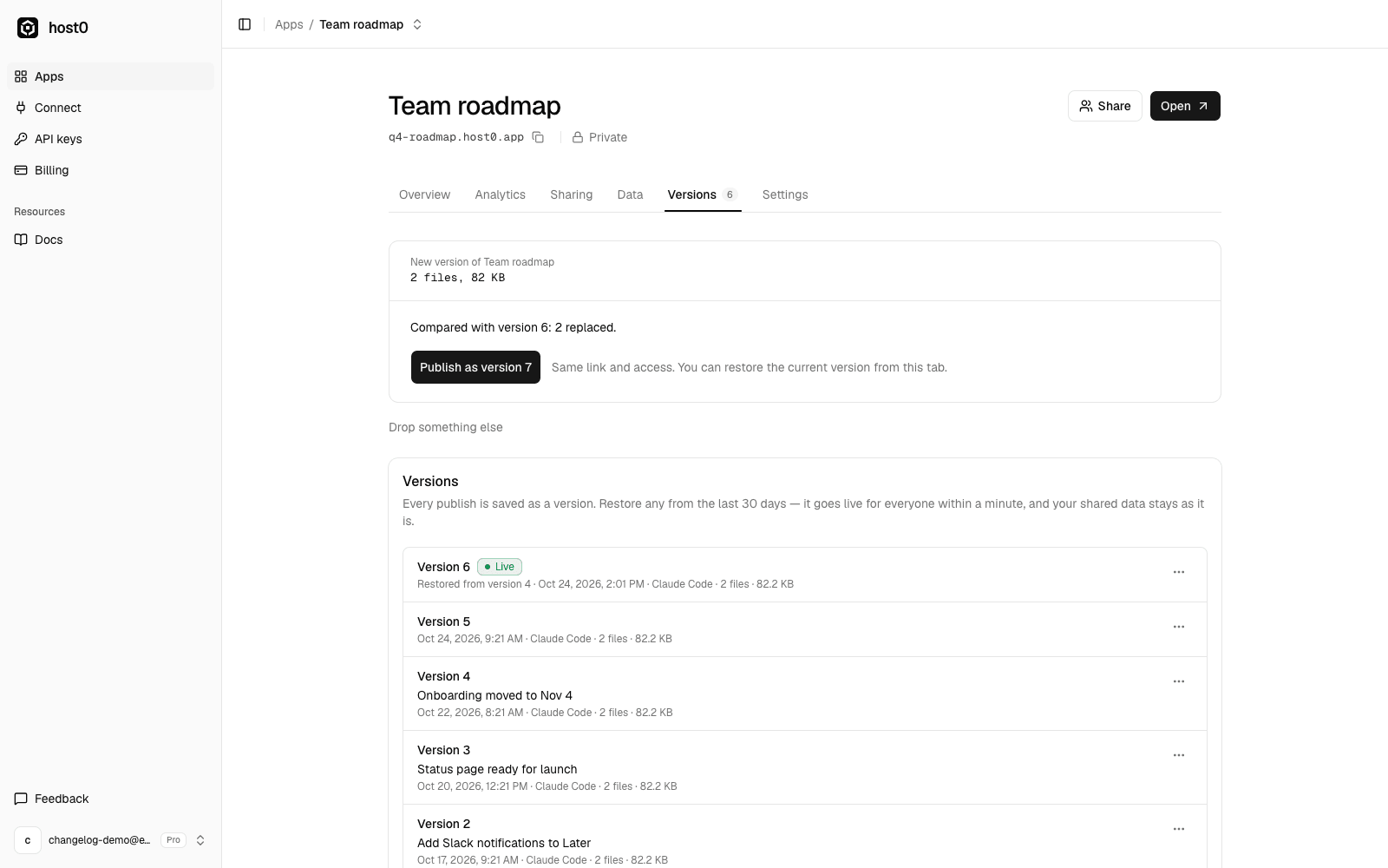 The Versions tab of Team roadmap after dropping two files: “Compared with version 6: 2 replaced” and a Publish as version 7 button, above the list of earlier versions.