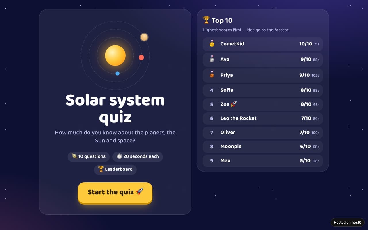 Classroom quiz with a leaderboard — screenshot of the live app