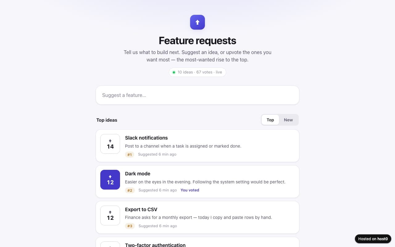 Feature request voting board — screenshot of the live app