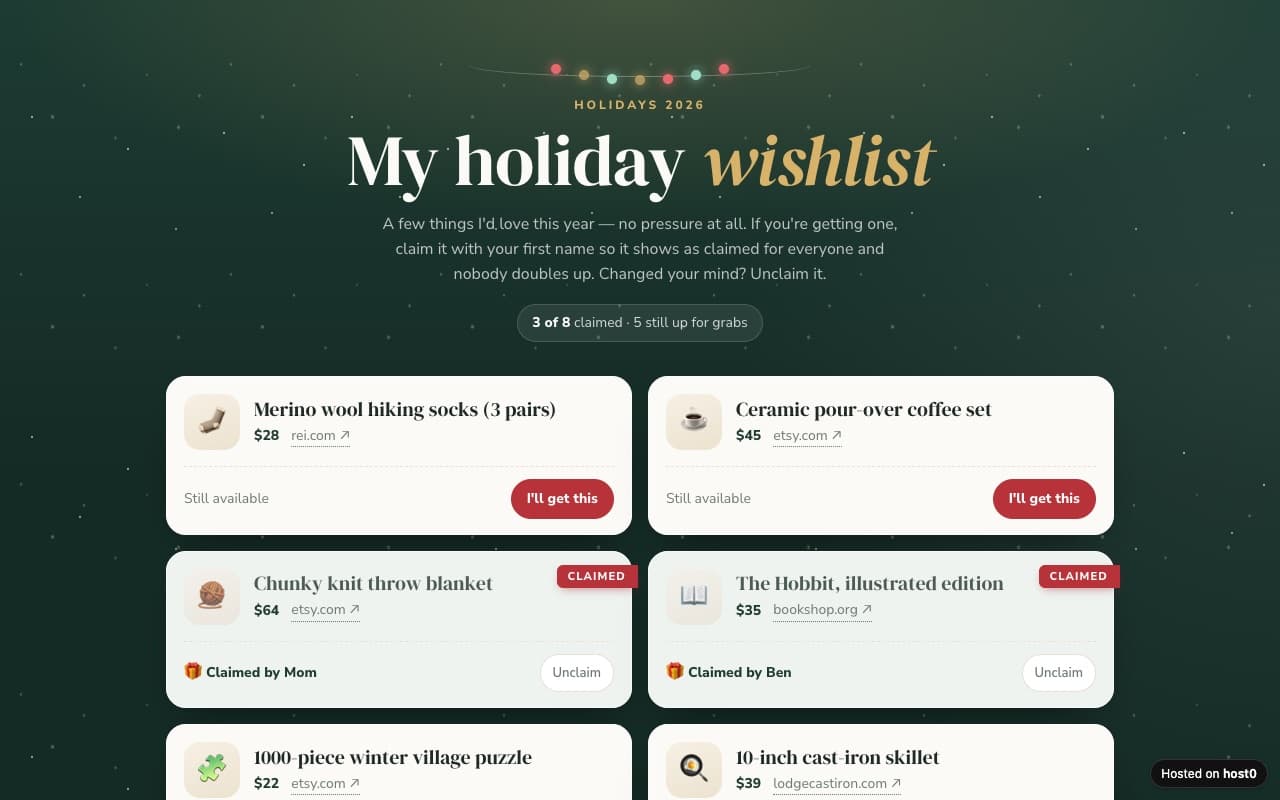 Gift wishlist with claims — screenshot of the live app