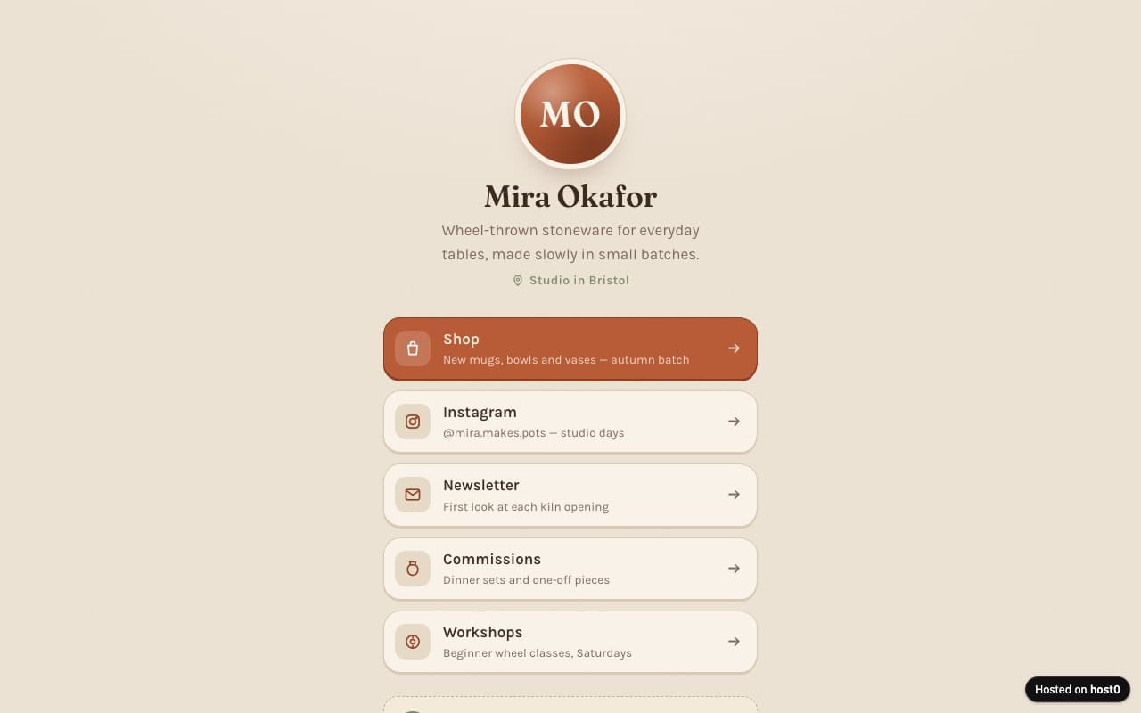 Link-in-bio page — screenshot of the live app