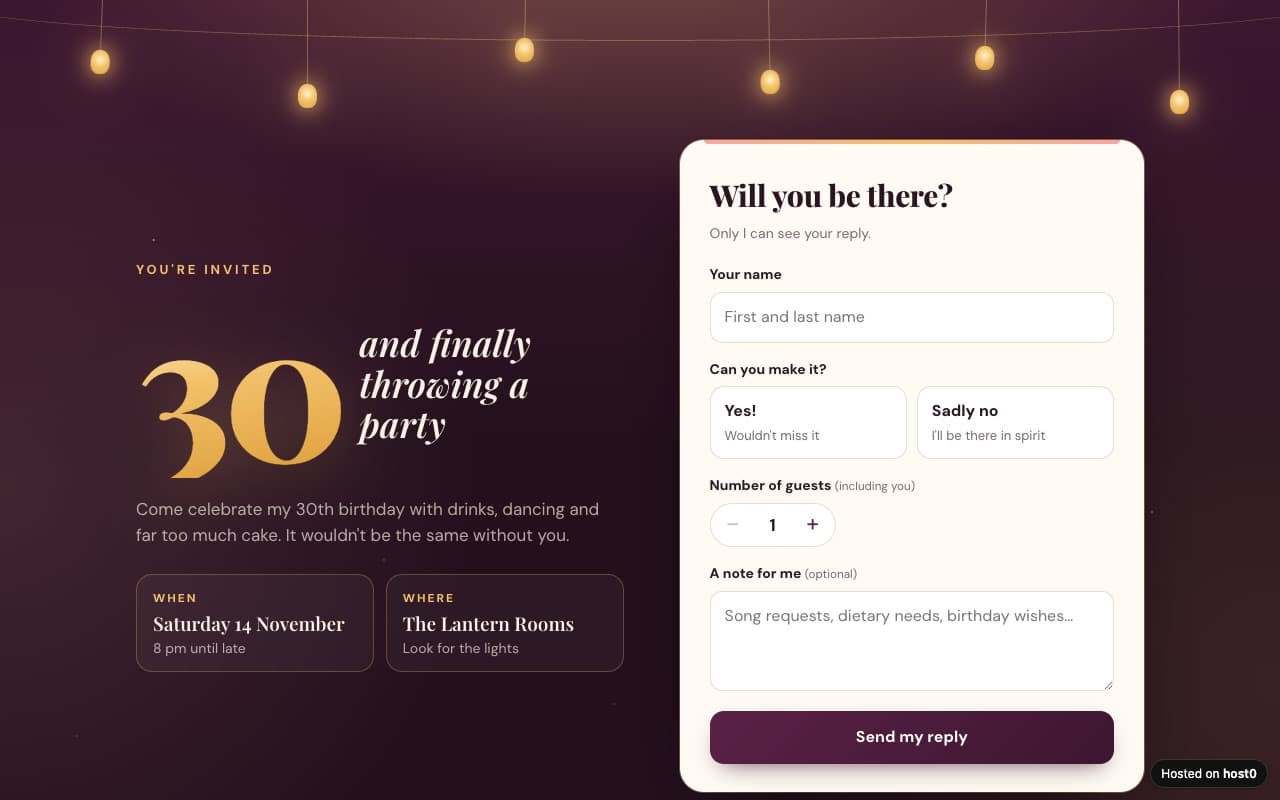Party RSVP page — screenshot of the live app
