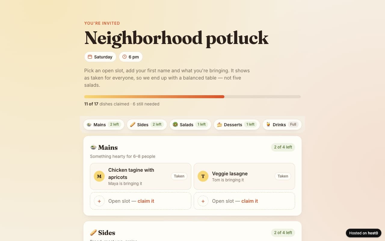 Potluck sign-up sheet — screenshot of the live app