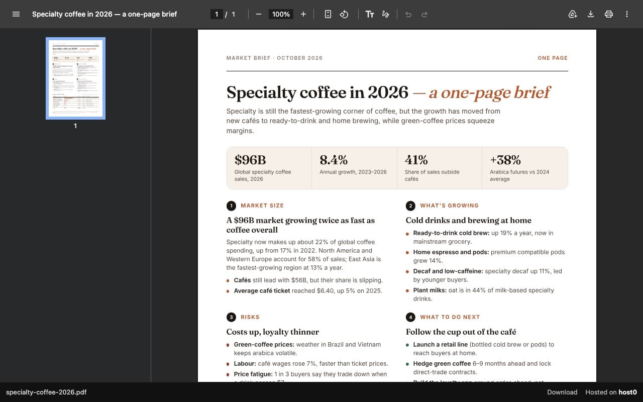 One-page report as a PDF link — screenshot of the live app