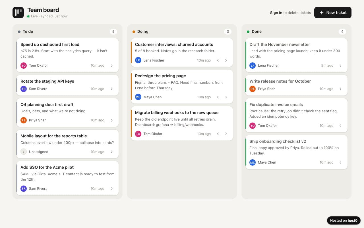 Team ticket board — screenshot of the live app