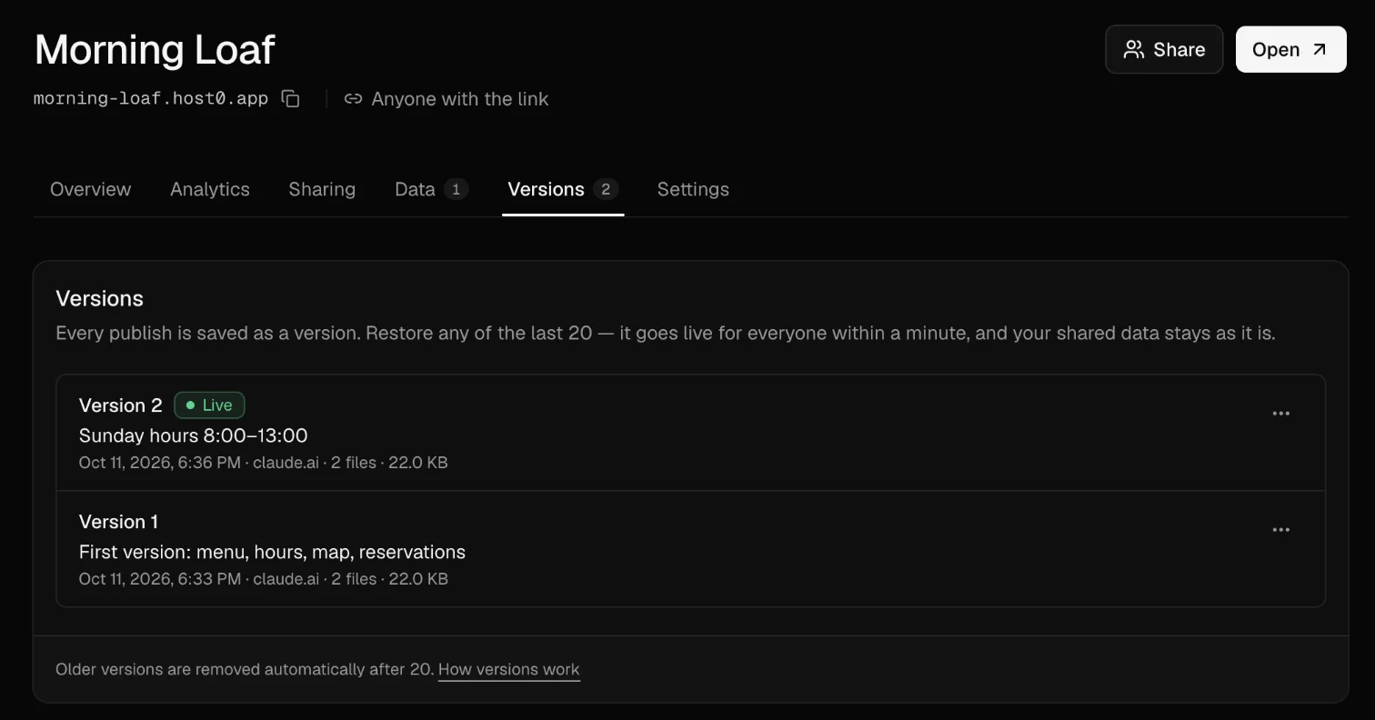The Versions tab: “Every publish is saved as a version. Restore any of the last 20 — it goes live for everyone within a minute, and your shared data stays as it is.” Version 2, marked Live, “Sunday hours 8:00–13:00 — Oct 11, 2026, 6:36 PM · claude.ai · 2 files · 22.0 KB”, and Version 1, “First version: menu, hours, map, reservations — Oct 11, 2026, 6:33 PM · claude.ai · 2 files · 22.0 KB”, each with a menu button.
