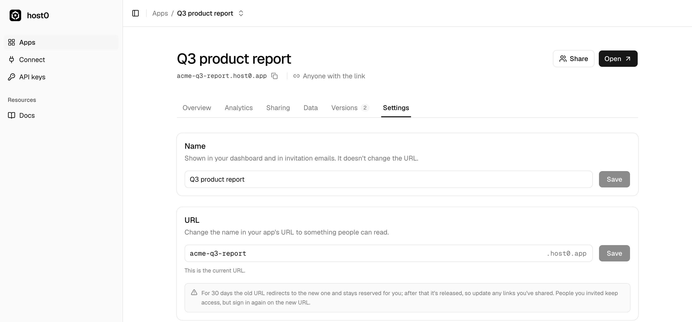 The Settings tab of the app “Q3 product report” in the host0 dashboard, with a Name field, a URL field reading acme-q3-report.host0.app and a note that the old URL redirects to the new one for 30 days, and a “Delete this app” section.