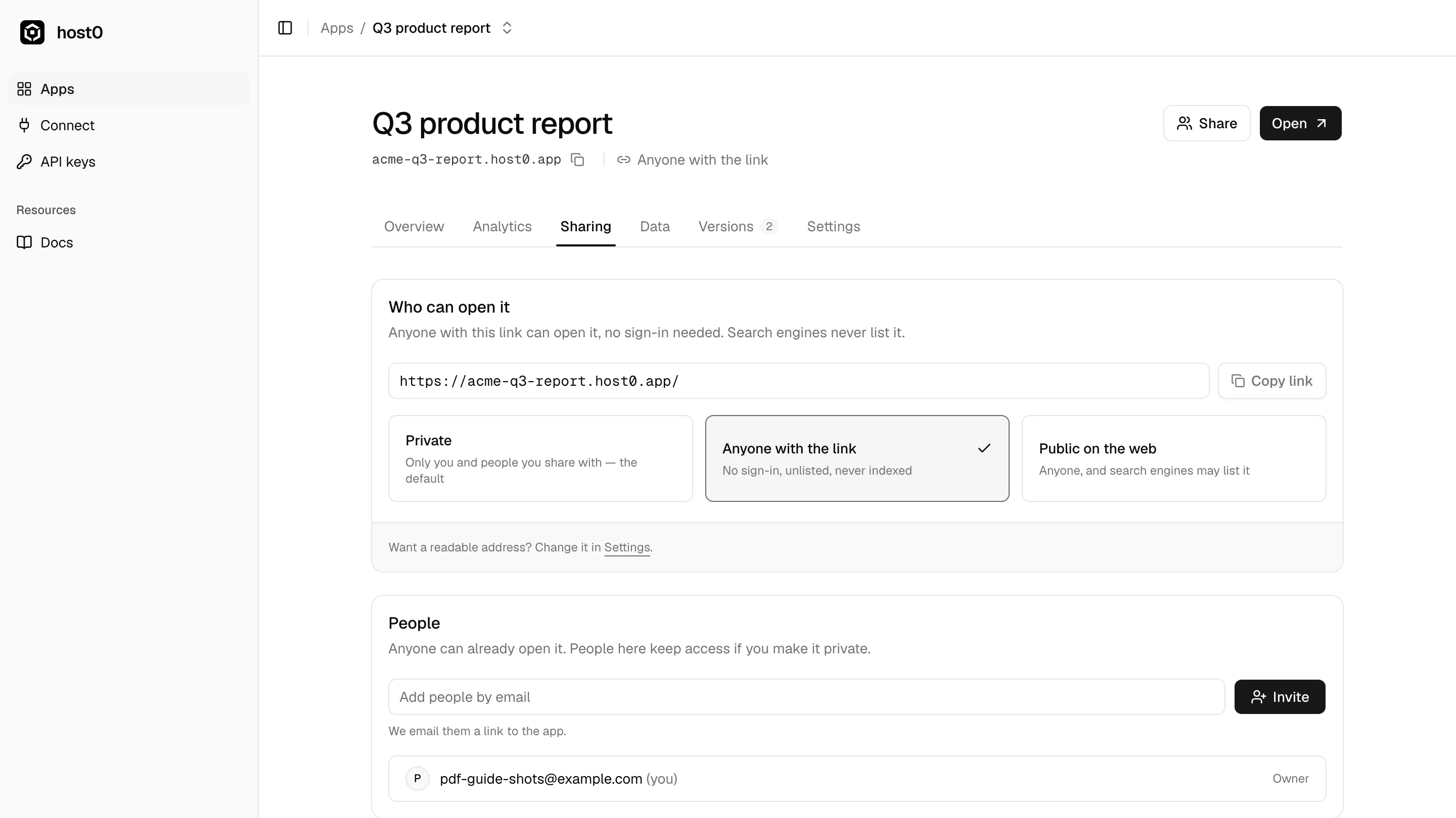 The Sharing tab of “Q3 product report”: a “Who can open it” card with the link, a Copy link button and three options — Private, Anyone with the link (selected) and Public on the web — and a People card with an “Add people by email” field and the owner listed.