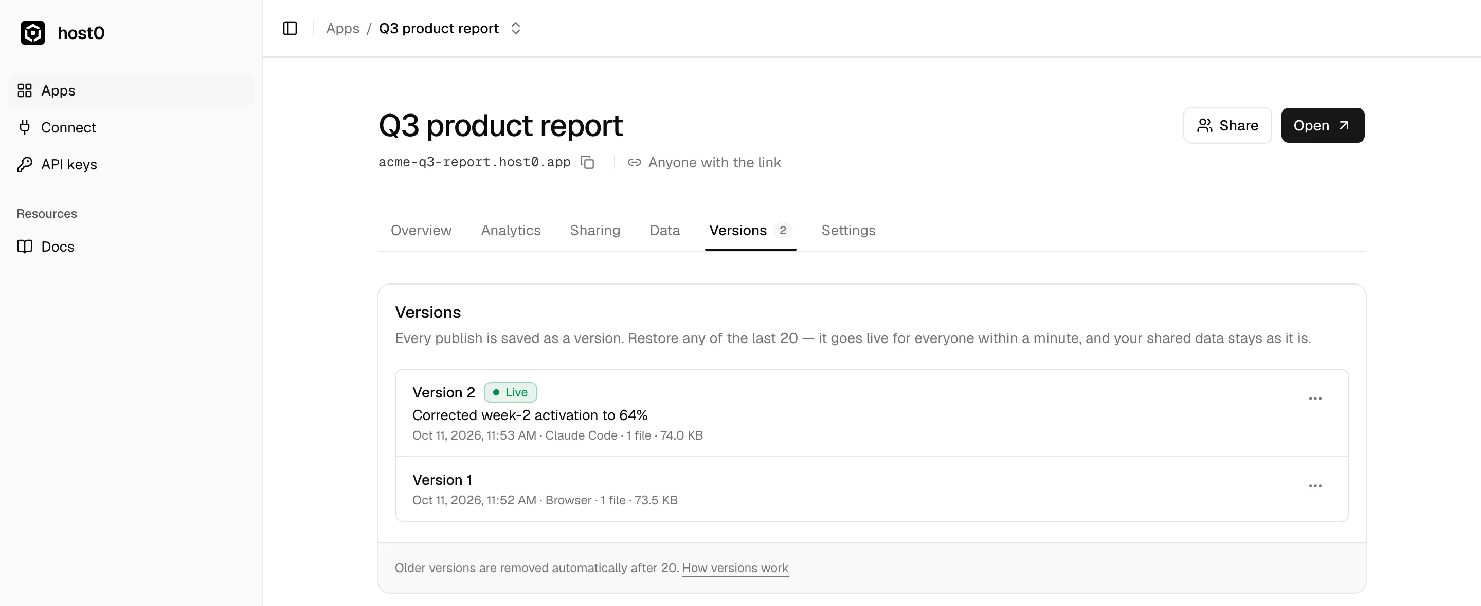 The Versions tab of “Q3 product report”: Version 2, marked Live, with the note “Corrected week-2 activation to 64%”, published from Claude Code, and Version 1 published from the browser, each with a menu button.