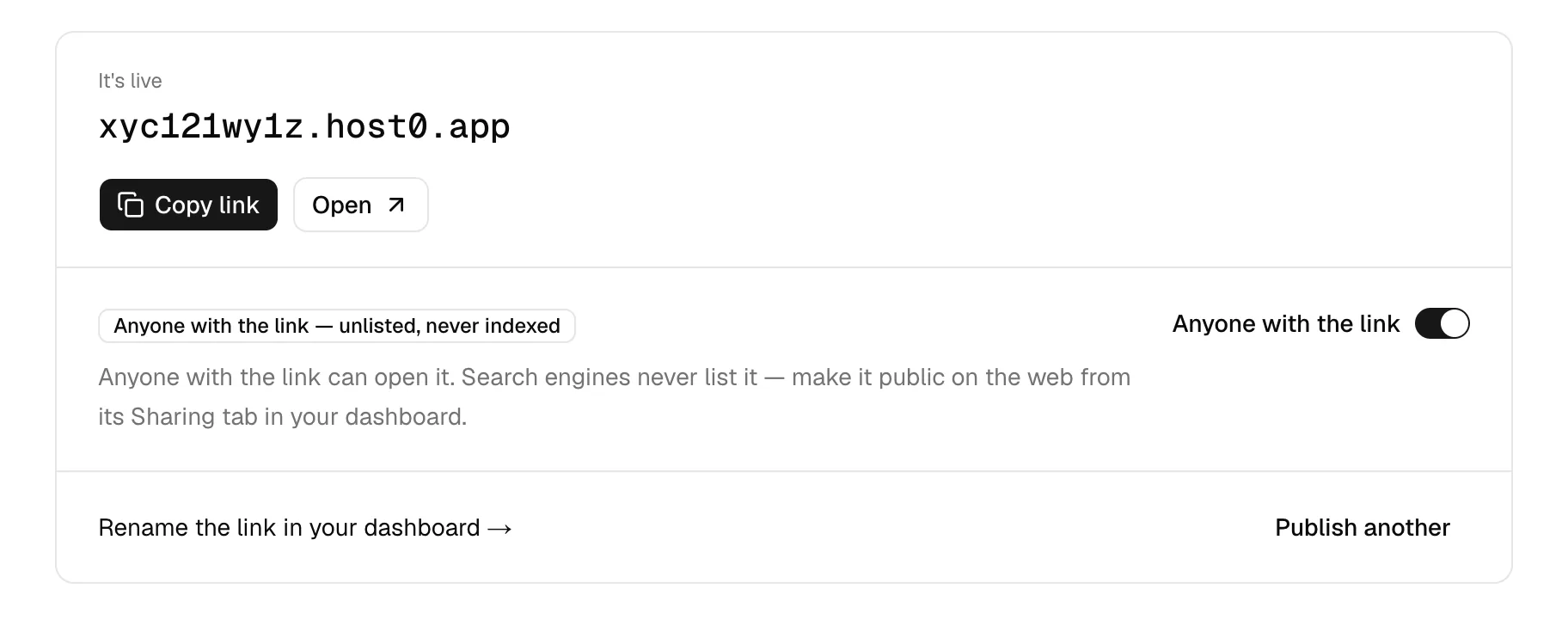 The same live card with the “Anyone with the link” switch turned on and the badge “Anyone with the link — unlisted, never indexed”, with the note that it can be made public on the web from the Sharing tab in the dashboard.