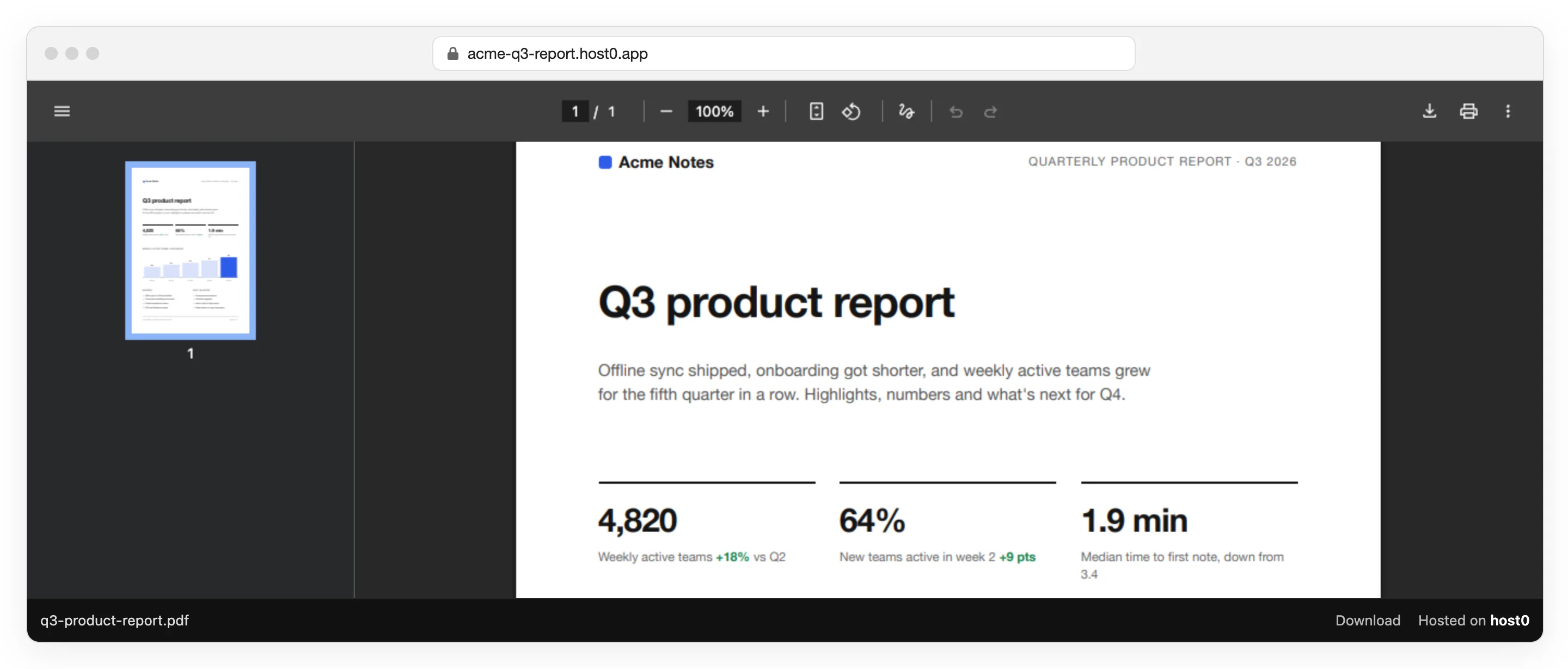 A browser window at acme-q3-report.host0.app showing the sample “Q3 product report” PDF in the browser's built-in PDF viewer, with page thumbnails on the left and zoom, download and print controls on top, and a slim black bar along the bottom with the file name q3-product-report.pdf, a Download link and “Hosted on host0”.