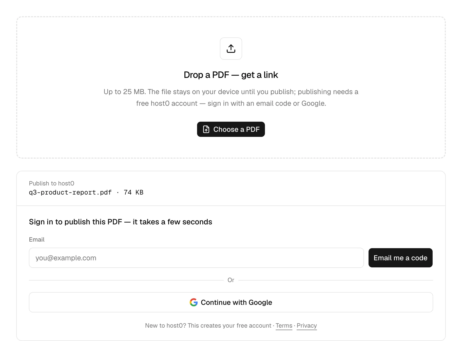 Below the drop zone, a “Publish to host0” card shows the file name q3-product-report.pdf and its size, 74 KB, with the line “Sign in to publish this PDF — it takes a few seconds”, an email field with an “Email me a code” button, and a “Continue with Google” button.