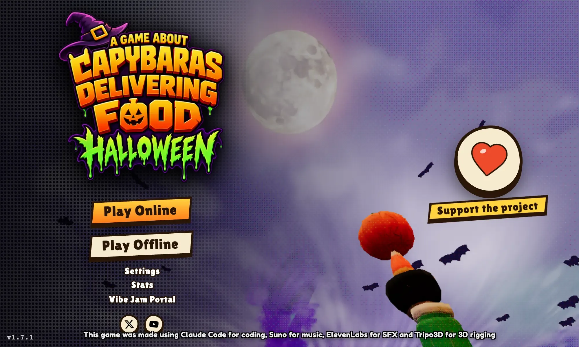 Title menu of “A Game About Capybaras Delivering Food – Halloween” under a full moon with bats, with Play Online, Play Offline, Settings, Stats and Vibe Jam Portal buttons, and a footer saying the game was made using Claude Code for coding, Suno for music, ElevenLabs for SFX and Tripo3D for 3D rigging.