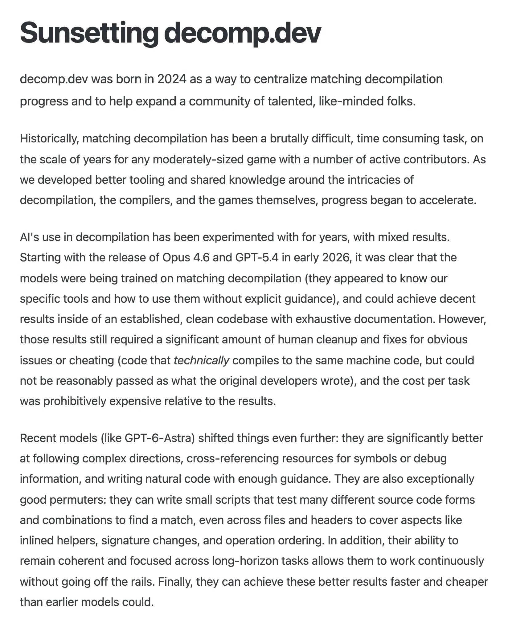 The “Sunsetting decomp.dev” notice: decomp.dev was born in 2024; from early 2026 models appeared to be trained on matching decompilation; and recent models such as GPT-6-Astra are described as better and cheaper.