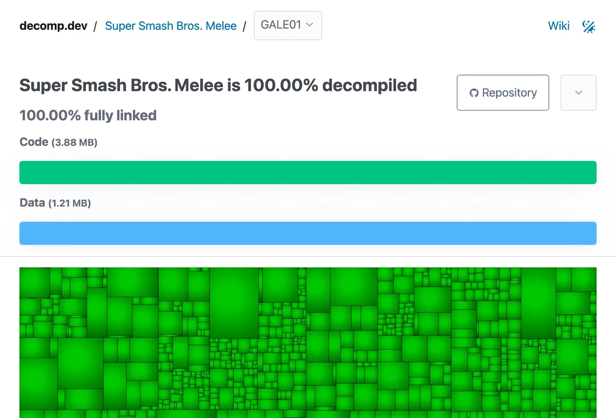 decomp.dev page reading “Super Smash Bros. Melee is 100.00% decompiled” and “100.00% fully linked”, with full Code (3.88 MB) and Data (1.21 MB) bars and the top of an all-green treemap of the game’s units.