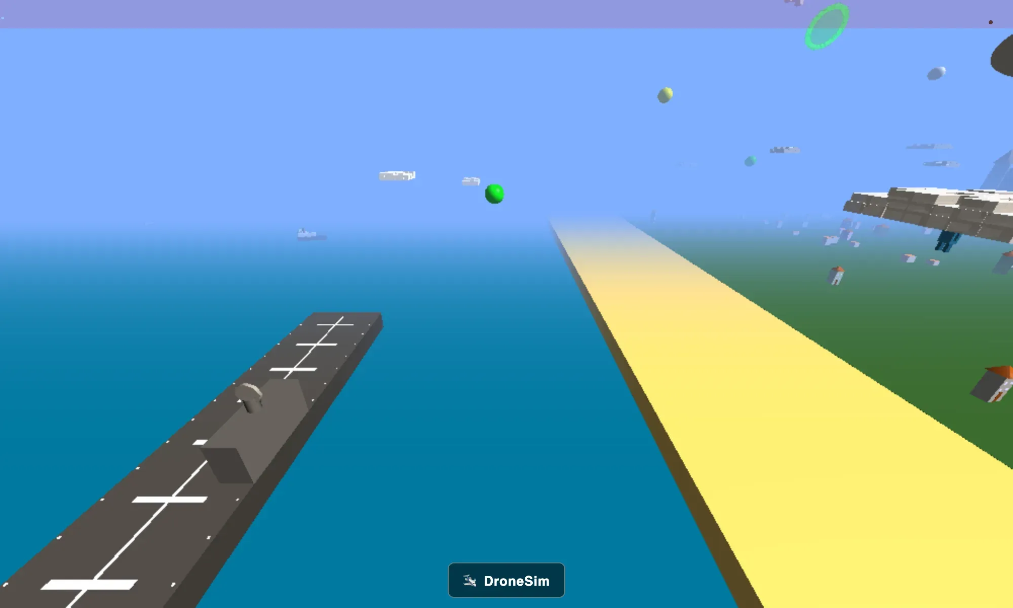 A low-poly 3D scene from fly.pieter.com: a grey runway over blue sea, a yellow beach and green land with small houses, floating balloons and a blocky plane overhead.