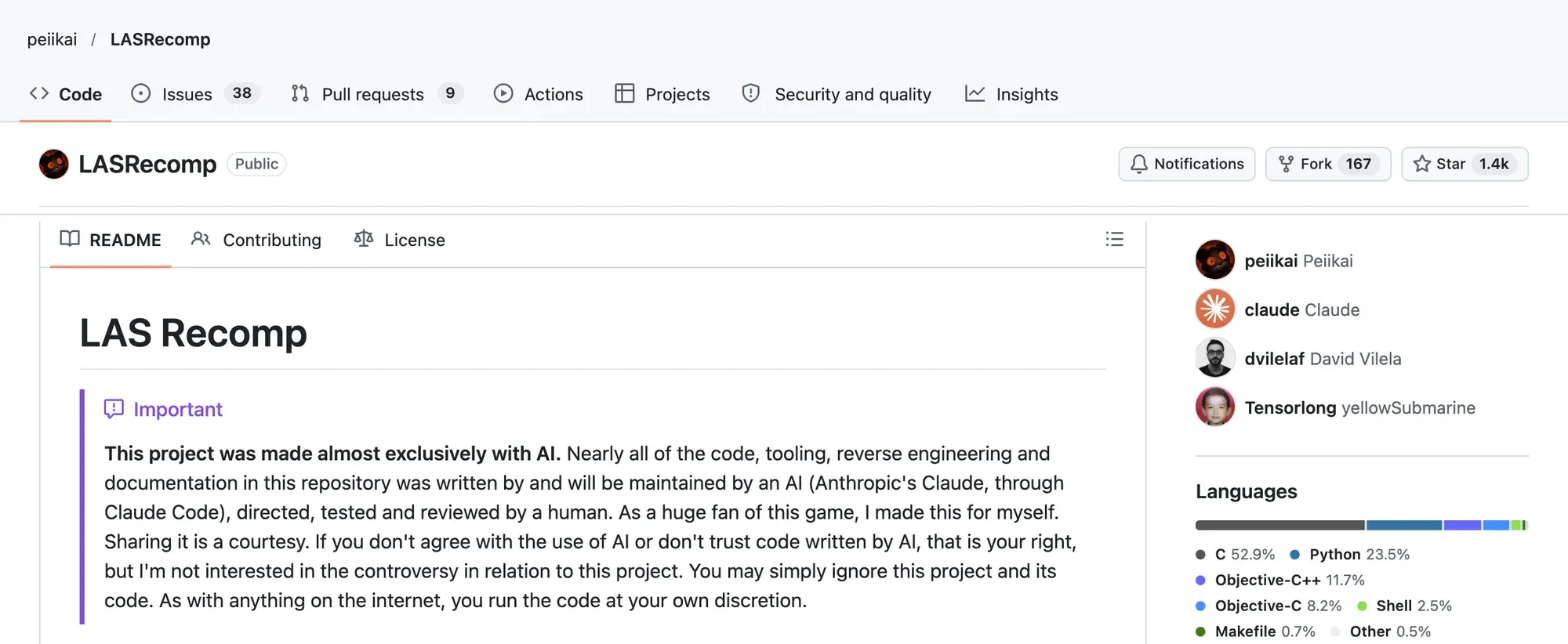 GitHub repository peiikai/LASRecomp with 1.4k stars and 167 forks, and a README callout reading “This project was made almost exclusively with AI,” naming Anthropic’s Claude through Claude Code; contributors include claude.