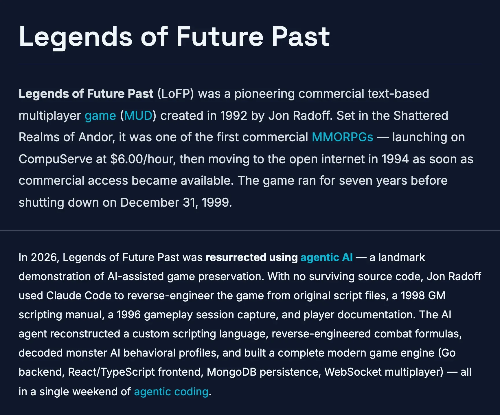 The metavert.io page for Legends of Future Past, describing a 1992 text-based multiplayer game on CompuServe at $6.00 an hour, shut down on December 31, 1999, and resurrected in 2026 with Claude Code from its original script files in a single weekend.