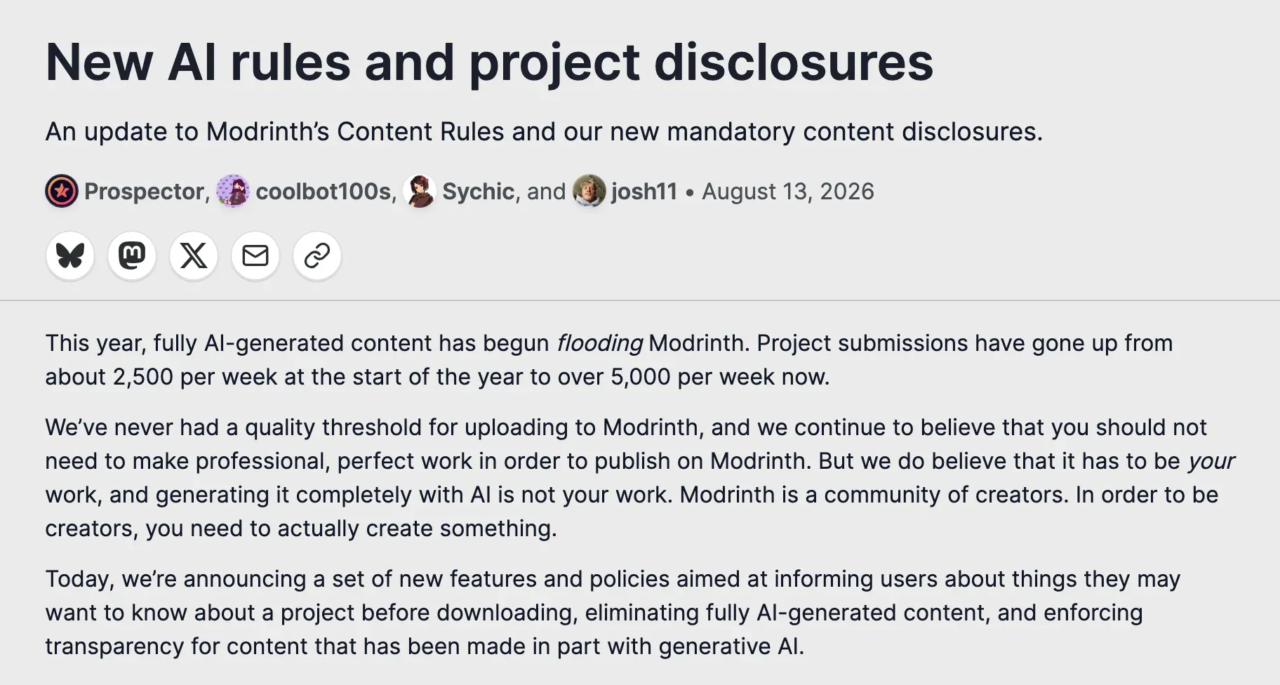 Modrinth news post “New AI rules and project disclosures”, August 13, 2026, including the line that project submissions went up from about 2,500 per week at the start of the year to over 5,000 per week.
