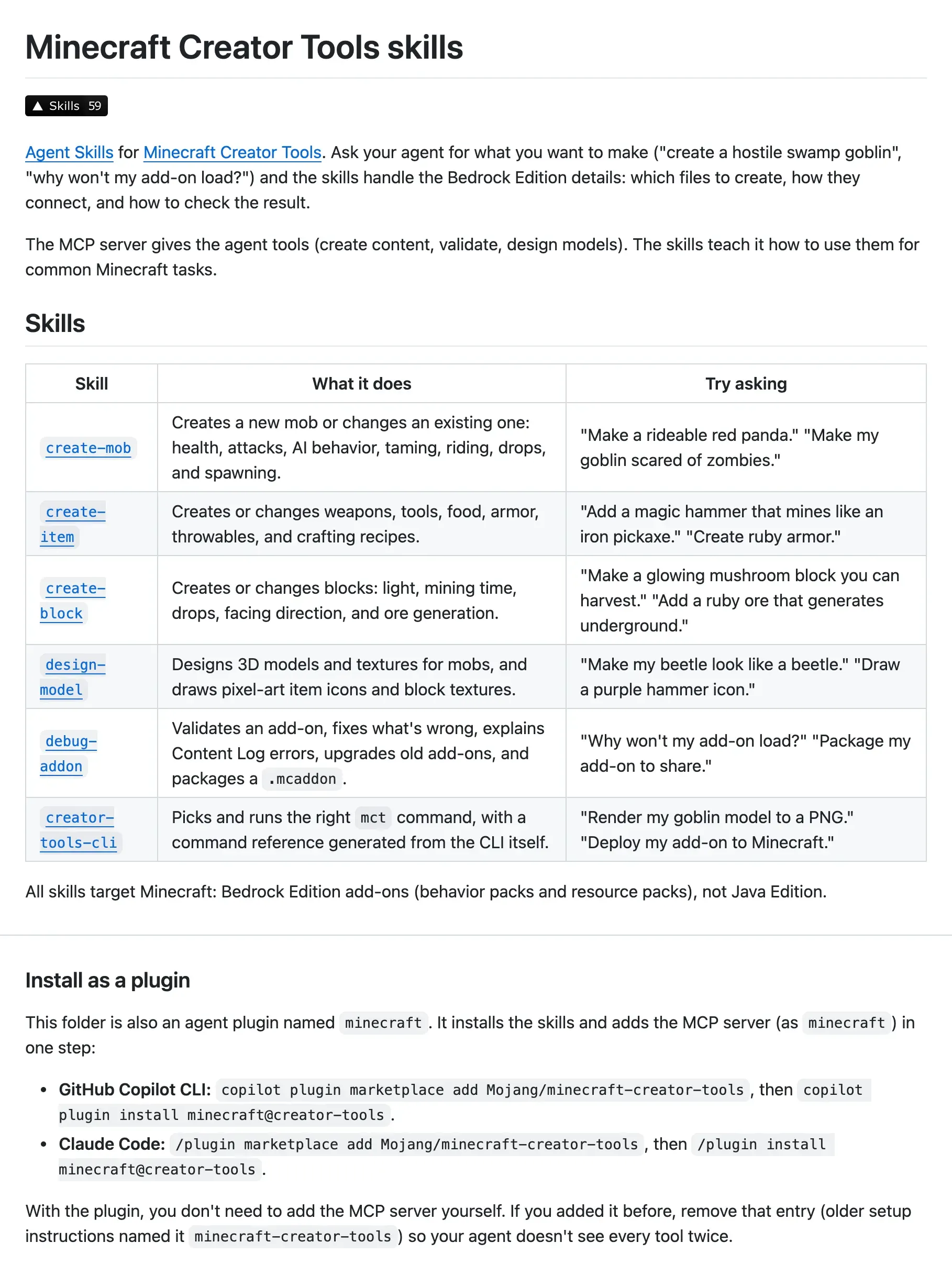 README for Mojang’s Minecraft Creator Tools plugin, with a skills table listing create-mob, create-item, create-block, design-model, debug-addon and creator-tools-cli, each with an example request, and an install section with the Claude Code commands to add the Mojang marketplace and install the minecraft plugin.