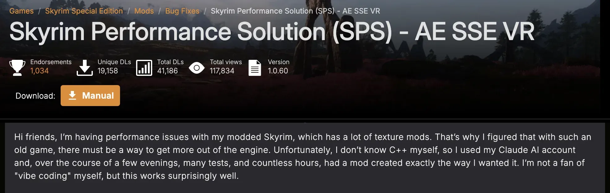 Nexus Mods page for Skyrim Performance Solution (SPS): 1,034 endorsements, 41,186 total downloads and 117,834 views, with a paragraph in which the author says they don’t know C++ and used their Claude AI account, and that this works surprisingly well.