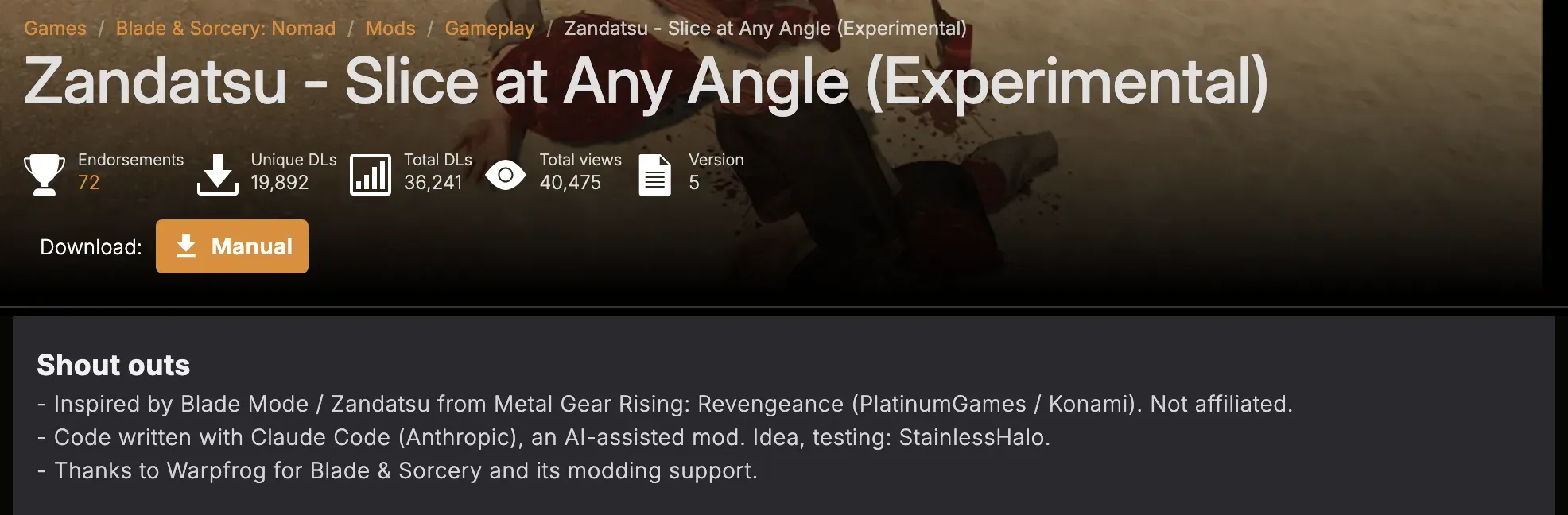 Nexus Mods page for Zandatsu – Slice at Any Angle for Blade & Sorcery: Nomad, with 36,241 total downloads, and a shout-outs list including “Code written with Claude Code (Anthropic), an AI-assisted mod. Idea, testing: StainlessHalo.”
