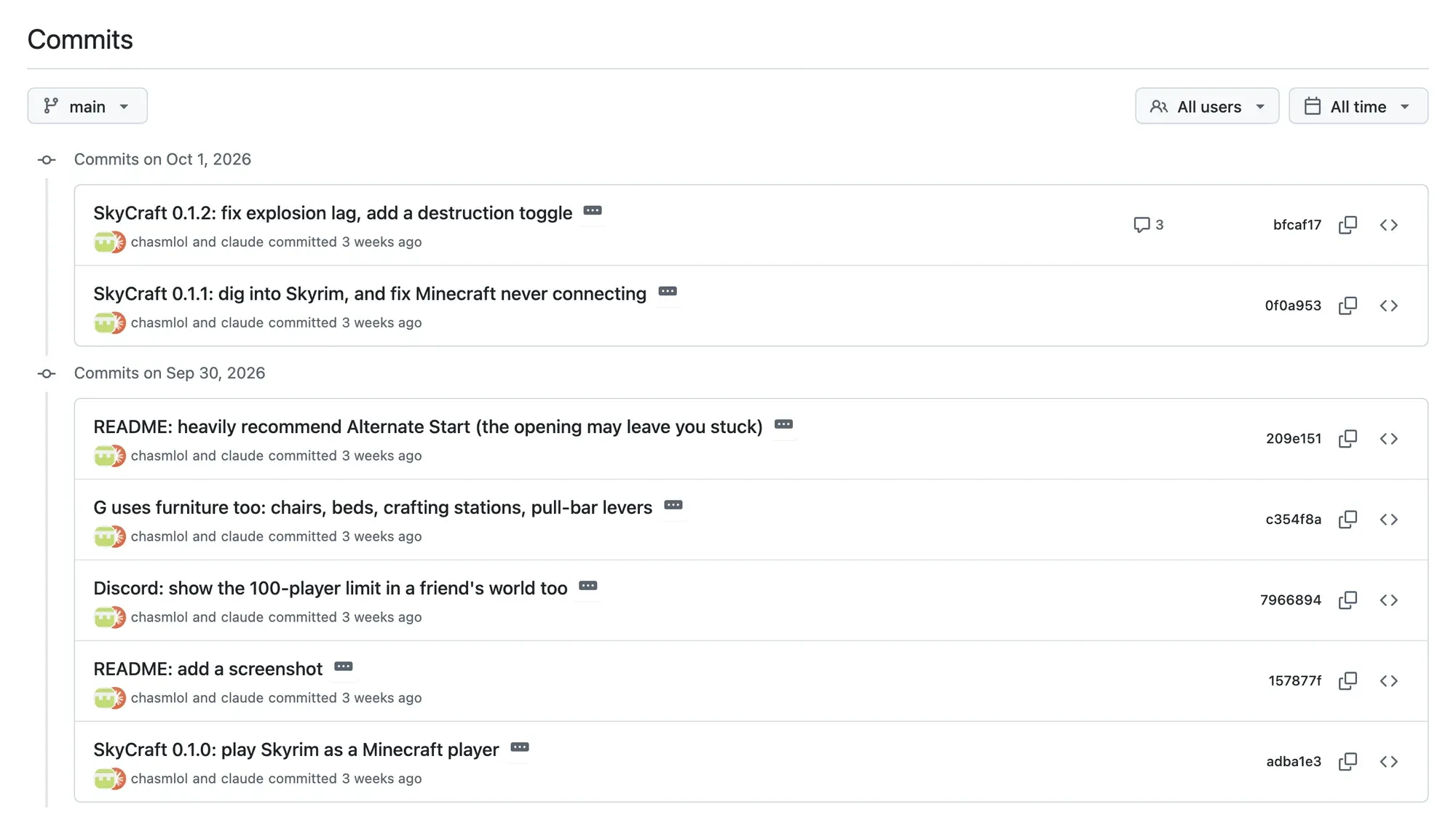 SkyCraft’s commit history: five commits on September 30, 2026 and two on October 1, 2026, from “SkyCraft 0.1.0: play Skyrim as a Minecraft player” to “SkyCraft 0.1.2: fix explosion lag, add a destruction toggle”, each marked “chasmlol and claude committed”.