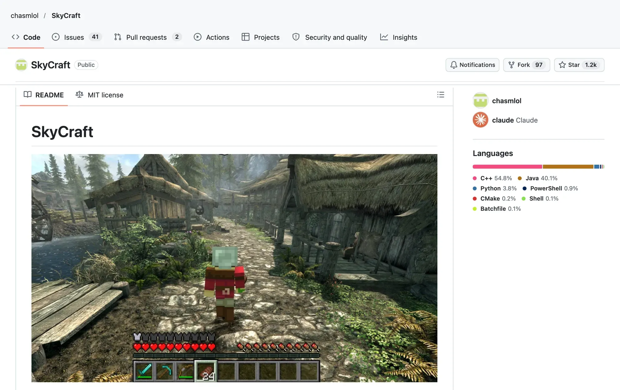 GitHub repository chasmlol/SkyCraft with 1.2k stars. Its README image shows a blocky Minecraft character walking through Skyrim’s village of Riverwood under a Minecraft HUD with hearts, hunger and a hotbar holding a diamond sword and pickaxe. The contributors list shows chasmlol and Claude.