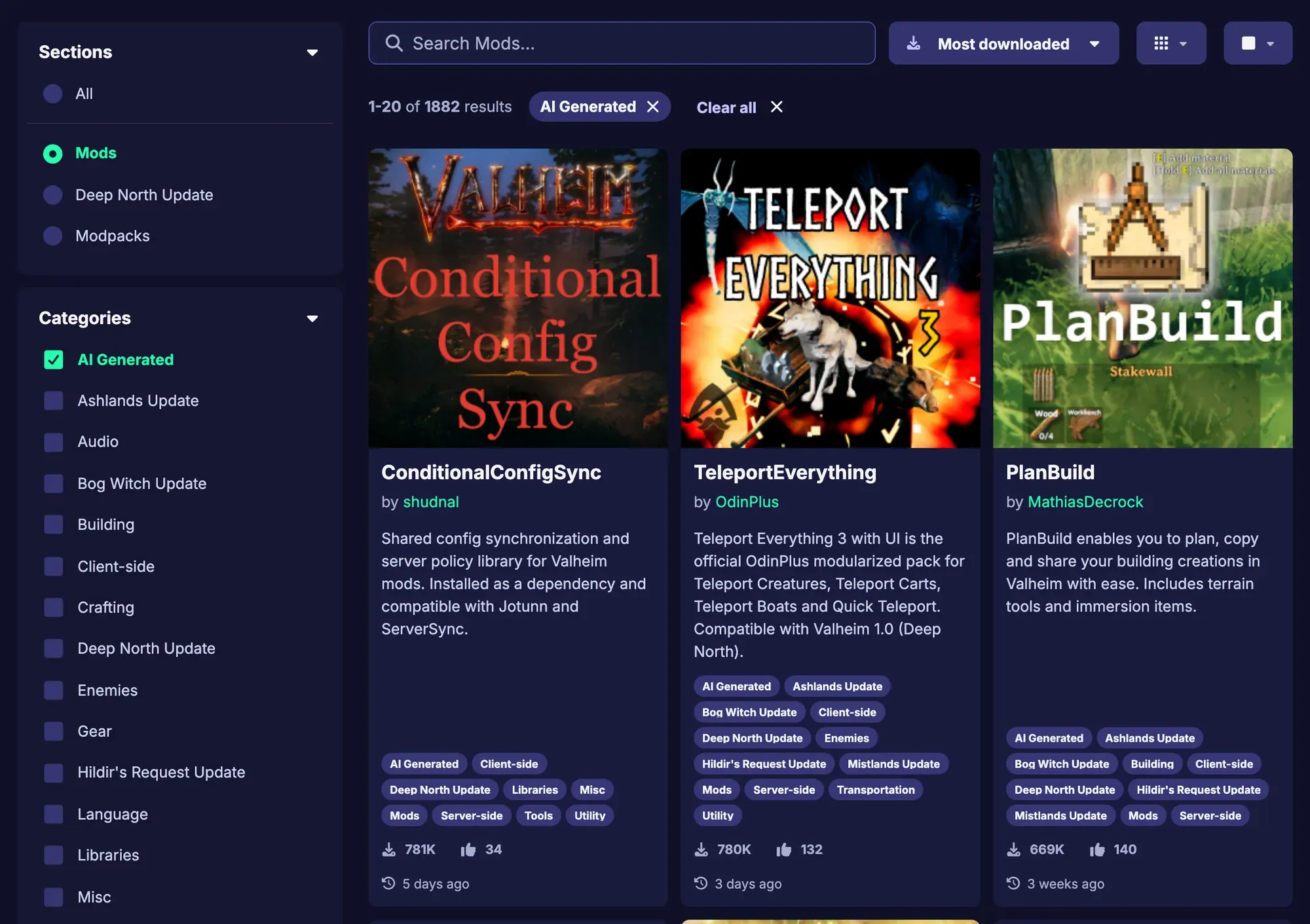 Thunderstore’s Valheim mod list filtered to the AI Generated category, sorted by most downloaded, showing 1,882 results; the top three are ConditionalConfigSync (781K downloads), TeleportEverything (780K) and PlanBuild (669K), each tagged AI Generated.