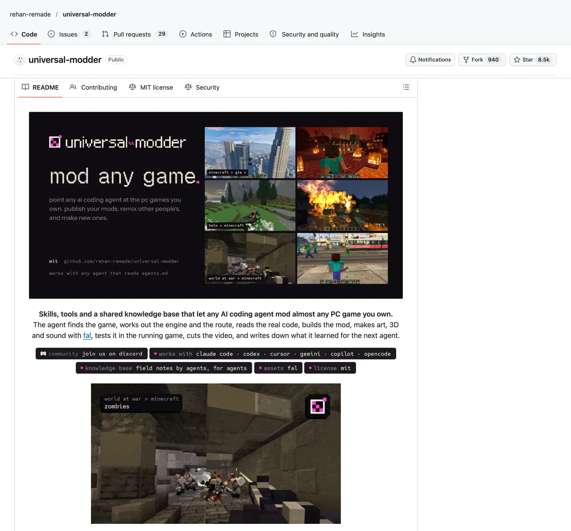 GitHub repository rehan-remade/universal-modder with 8.5k stars and 940 forks. The README banner reads “mod any game” beside stills labelled “minecraft x gta v”, “halo x minecraft” and “world at war x minecraft”, followed by the line “Skills, tools and a shared knowledge base that let any AI coding agent mod almost any PC game you own” and badges for Claude Code, Codex, Cursor, Gemini, Copilot and OpenCode.
