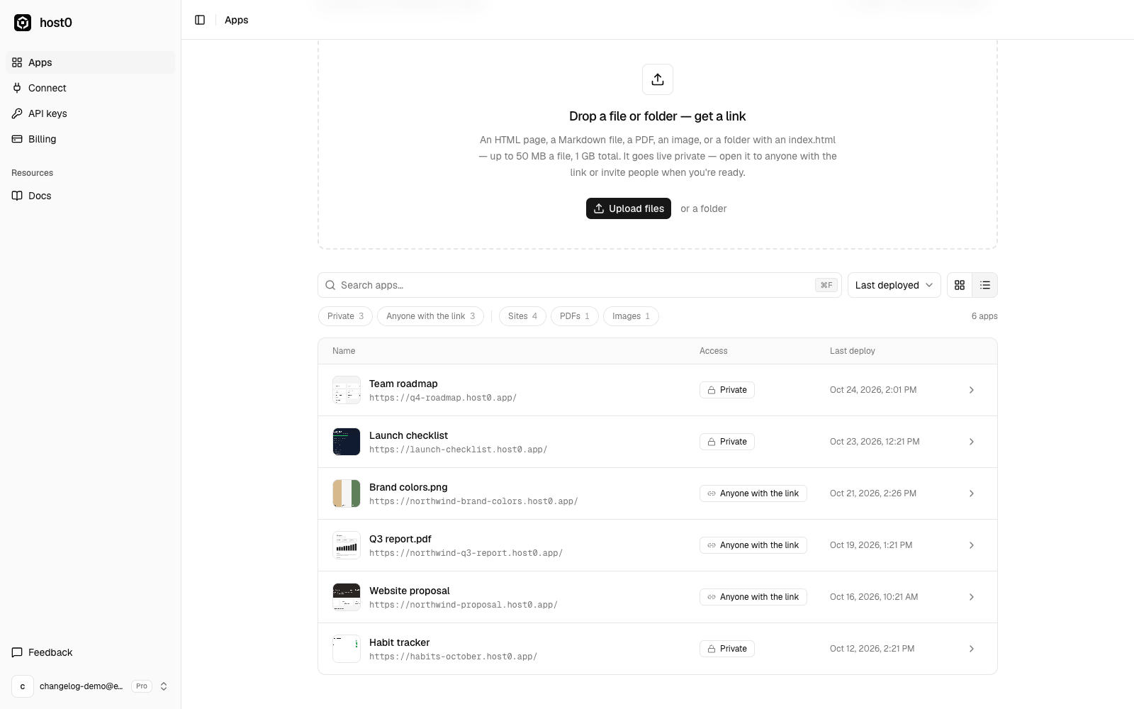 The same apps in list view, with a small preview, name, URL, access and last deploy time for each.