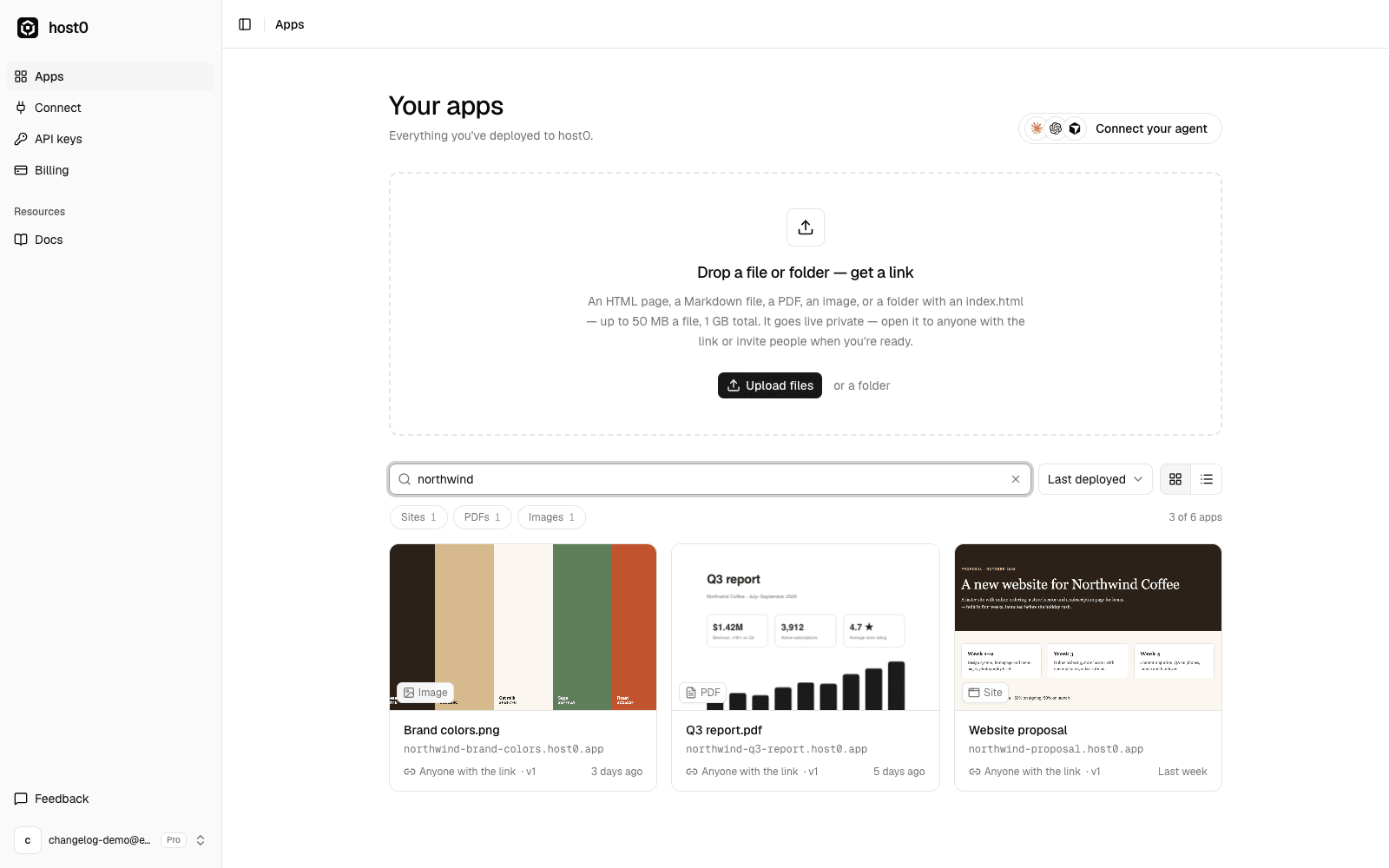 Searching “northwind” narrows the dashboard to three apps: Brand colors.png, Q3 report.pdf and Website proposal.