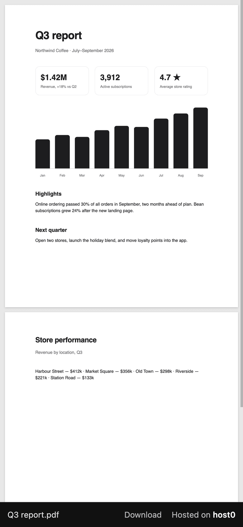 The same PDF on a phone: pages stacked full width with the file name, Download and Hosted on host0 in a bar at the bottom.