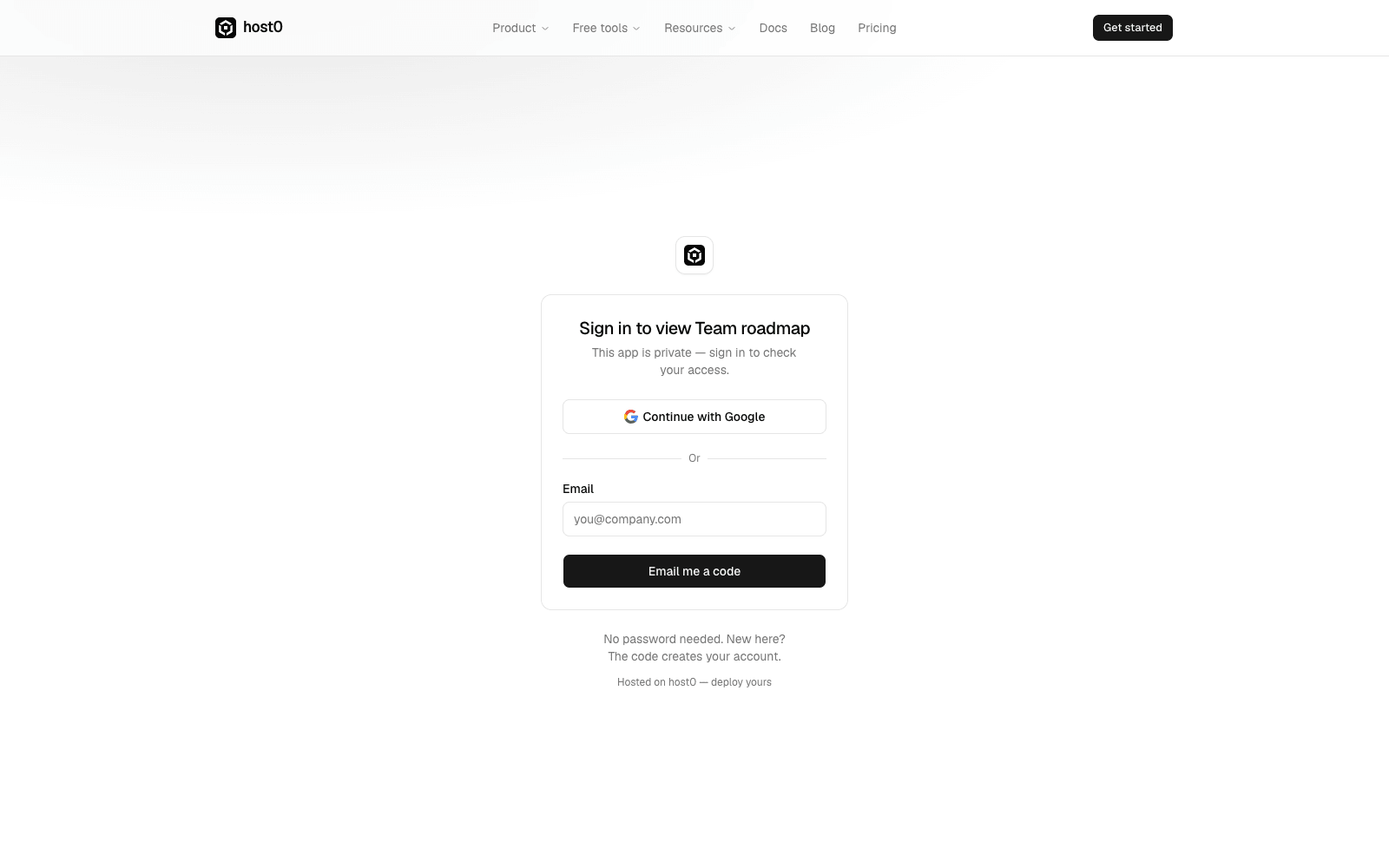 A visitor who isn't signed in sees “Sign in to view Team roadmap”, with Continue with Google or an emailed code.