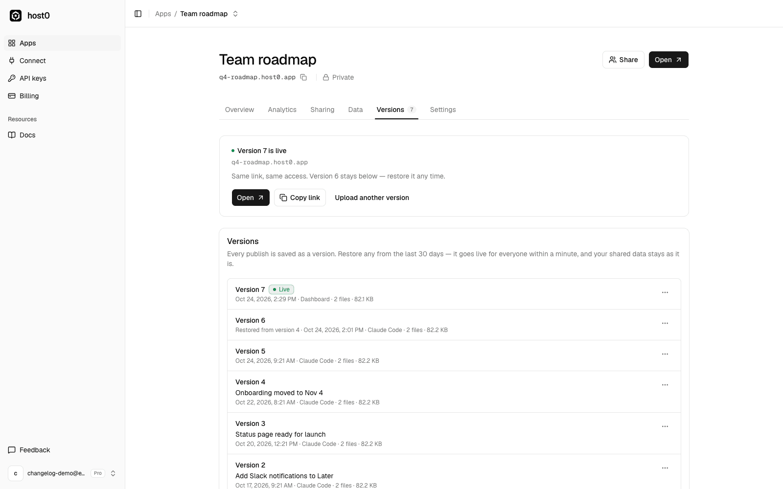 Version 7 is live: the same link and access, with Open, Copy link and Upload another version buttons. Version 7 tops the list, published from the Dashboard.